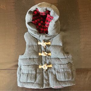 GAP Gray Hooded Vest with Red Plaid Lining